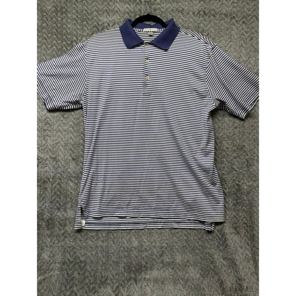 Peter Millar Mens Large Navy Blue White Striped Cotton Short Sleeve Polo 0697